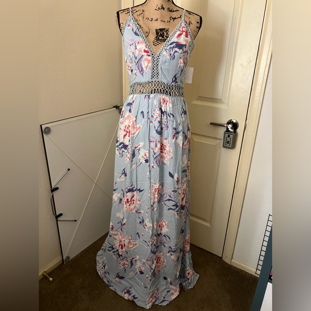 Soieblu chic sexy Floral Maxi Dress with Crochet Detail tie back summer boho L